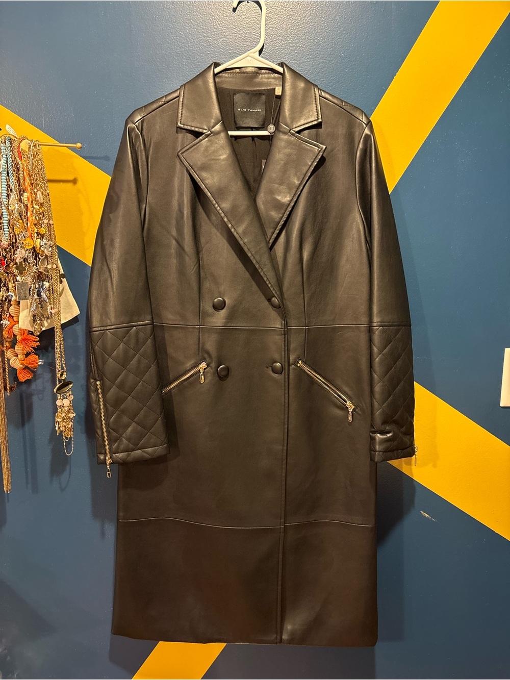 Elie Tahari Black Faux Leather Double Breasted Trench Coat NWT